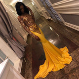 Chic Bandeau Applique Satin Off Shoulder Long Sleeves Mermaid Slim Prom Party Gown-Ballbella