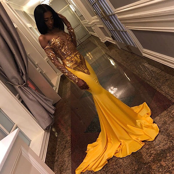 Chic Bandeau Applique Satin Off Shoulder Long Sleeves Mermaid Slim Prom Party Gown-Ballbella
