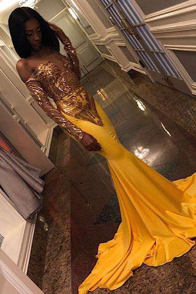 Chic Bandeau Applique Satin Off Shoulder Long Sleeves Mermaid Slim Prom Party Gown Chic Bandeau Applique Satin Off Shoulder Long Sleeves Mermaid Slim Prom Party Gown