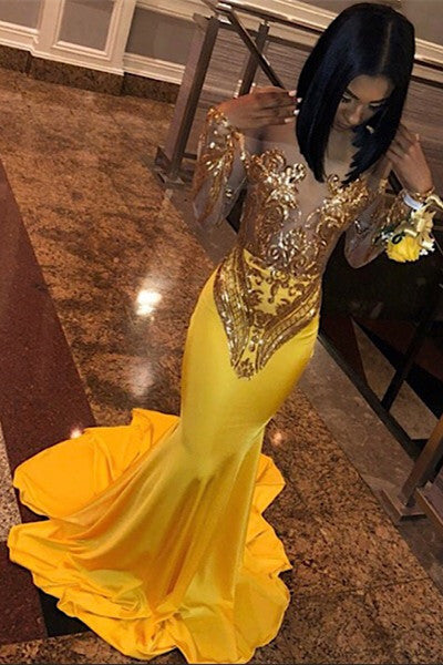 Chic Bandeau Applique Satin Off Shoulder Long Sleeves Mermaid Slim Prom Party Gown-Ballbella