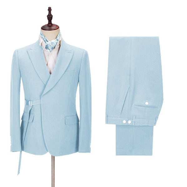 Chic Bespoke Sky Blue Peaked Lapel Men Suits with Adjustable Buckle-Ballbella