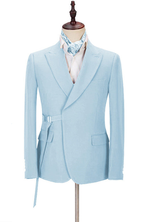 Chic Bespoke Sky Blue Peaked Lapel Men Suits with Adjustable Buckle
