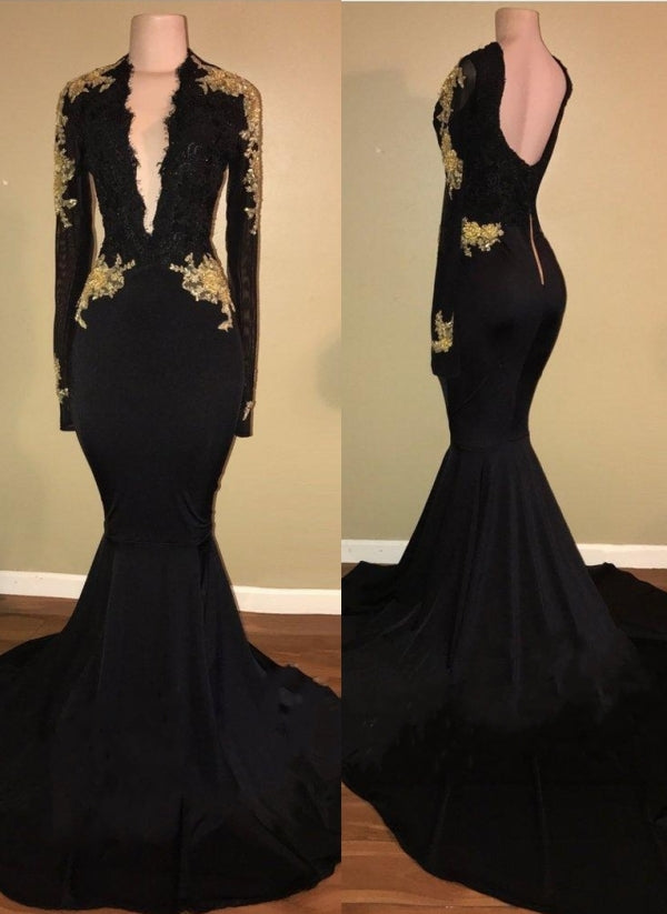 Chic Black and Gold mermaid Long Sleevess Prom Dresses,  Buy high quality discount formal dresses from Ballbella. Shipping worldwide,  free shipping,  custom made,  all sizes &colors.