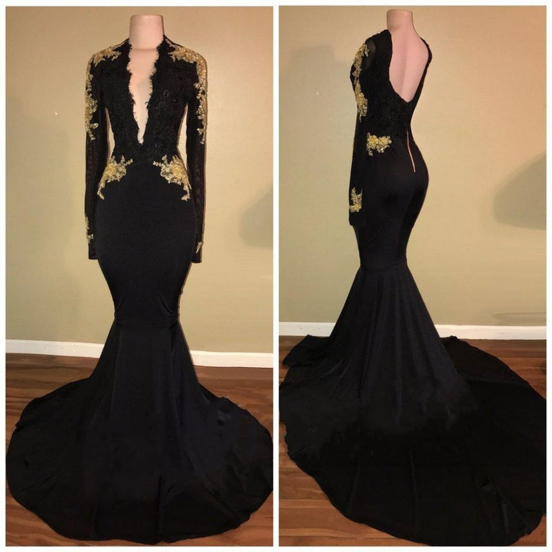 Chic Black and Gold mermaid Long Sleevess Prom Dresses,  Buy high quality discount formal dresses from Ballbella. Shipping worldwide,  free shipping,  custom made,  all sizes &colors.