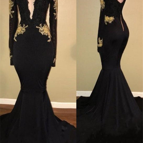 Chic Black and Gold Prom Dresses Deep V-Neck Long Sleevess Evening Gowns Chic Black and Gold Prom Dresses Deep V-Neck Long Sleevess Evening Gowns