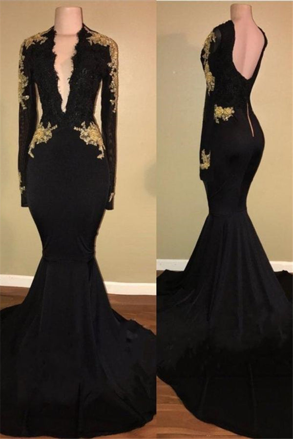 Chic Black and Gold Prom Dresses Deep V-Neck Long Sleevess Evening Gowns-Ballbella