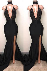 Chic Black High Neck Lace Front Split Mermaid Prom Party Gowns-Ballbella