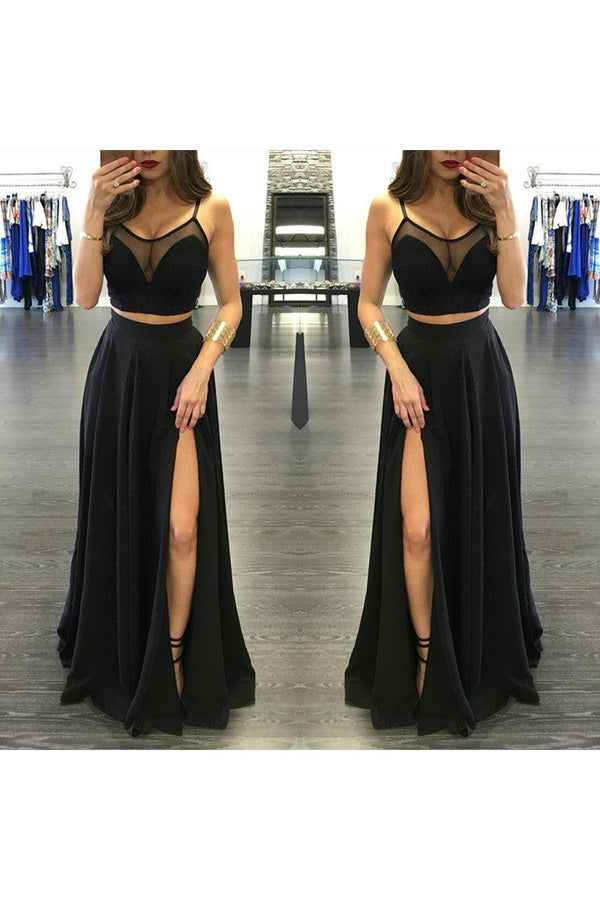 Chic Black Illusion Two Piece Prom Party GownsFront Split Spaghetti Strap-Ballbella