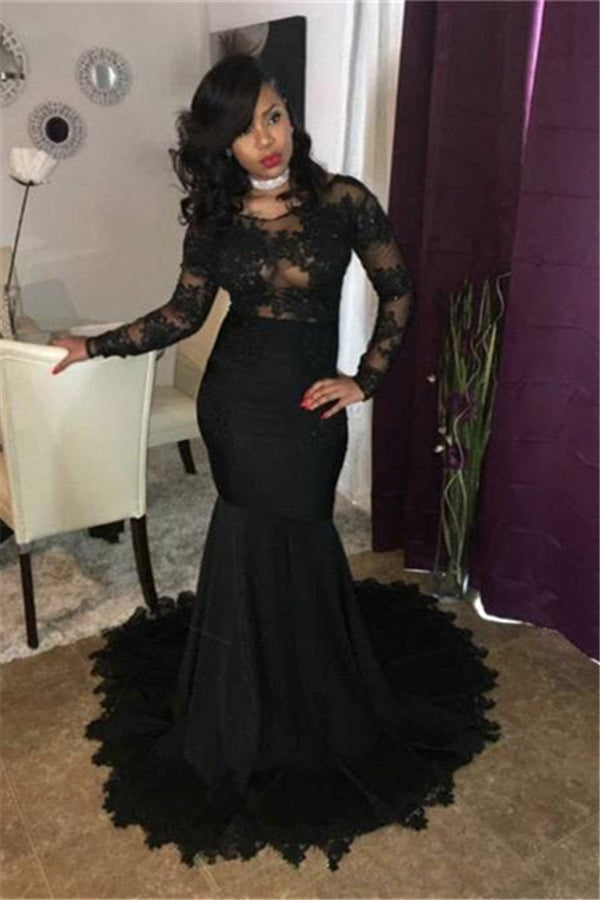 Chic black lace prom dress, Long Sleeves mermaid party dress-Ballbella