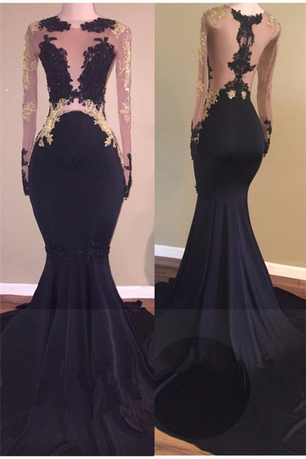 Chic Black Long-Sleeve Lace Mermaid Zipper Prom Party Gowns-Ballbella