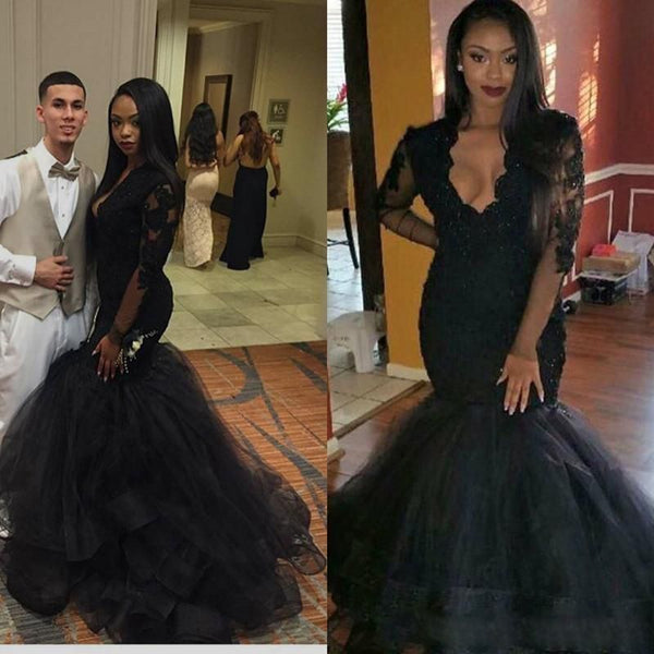 Ballbella offers Chic Black Long-sleeve Mermaid V-neck Lace Sweep-Train Prom Party Gowns at a cheap price from  to Mermaid hem. Gorgeous yet affordable Long Sleevess .