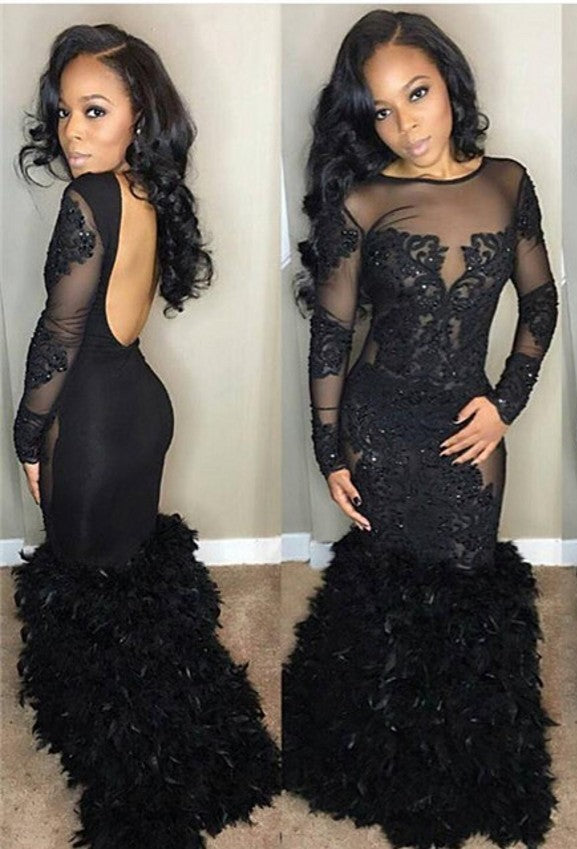 Ballbella custom made Chic Black Mermaid Prom Party Gowns| Long Sleeves Lace Evening Gowns in really cheap prices.  Extra coupons available weekly, save a lot today.