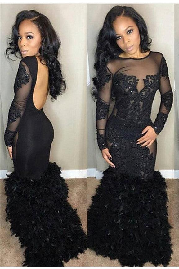 Chic Black Mermaid Prom Party Gowns| Long Sleeves Lace Evening Gowns-Ballbella