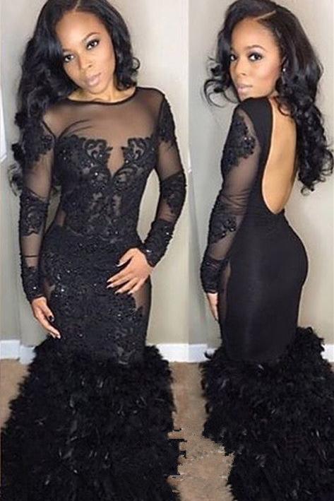 Chic Black Mermaid Prom Party Gowns| Long Sleeves Lace Evening Gowns-Ballbella