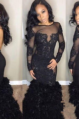 Chic Black Mermaid Prom Party Gowns| Long Sleeves Lace Evening Gowns-Ballbella