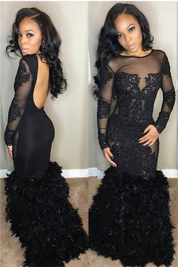 Chic Black Mermaid Prom Party Gowns| Long Sleeves Lace Evening Gowns-Ballbella