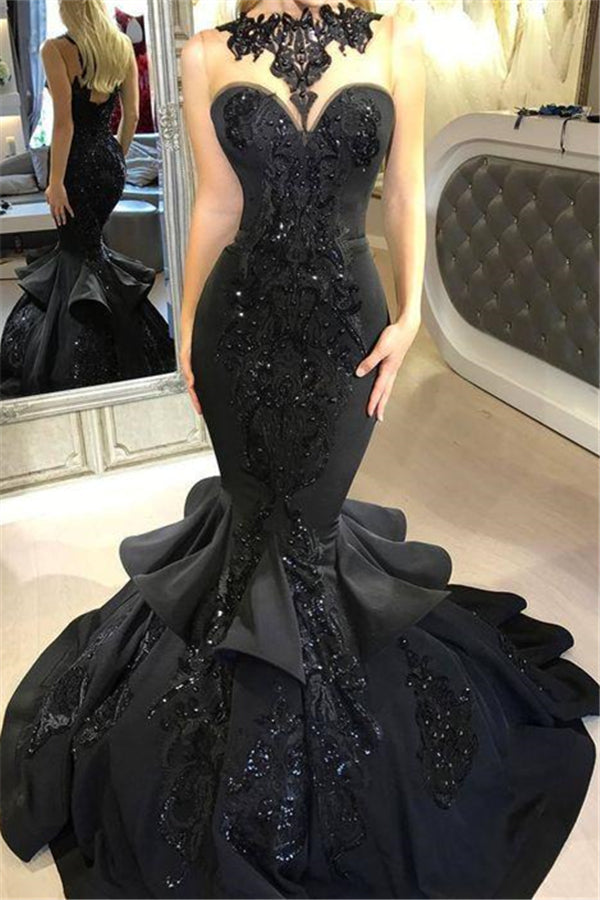 Chic Black Mermaid Prom Party GownsLong Sequins Ruffles Party Gowns-Ballbella