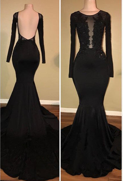 Looking for Chic black Long Sleeves backless mermaid prom dress,  New Arrival evening dress on sale? Ballbella has all covered on Chic Black Mermaid Prom Party GownsLong Sleeves With Lace Appliques.