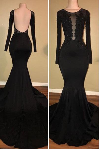 Chic Black Mermaid Prom Party GownsLong Sleeves With Lace Appliques-Ballbella