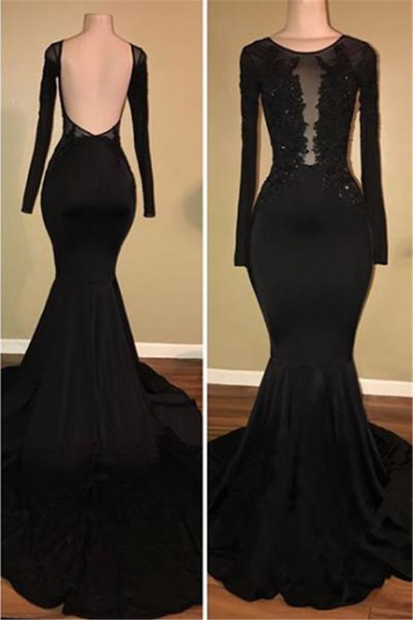Chic Black Mermaid Prom Party GownsLong Sleeves With Lace Appliques-Ballbella