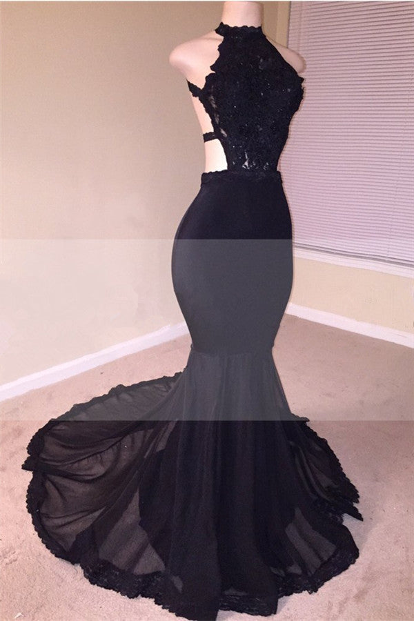 Chic Black Open Back Lace Prom Dresses Sleeveless See Through Tulle Evening Gown-Ballbella