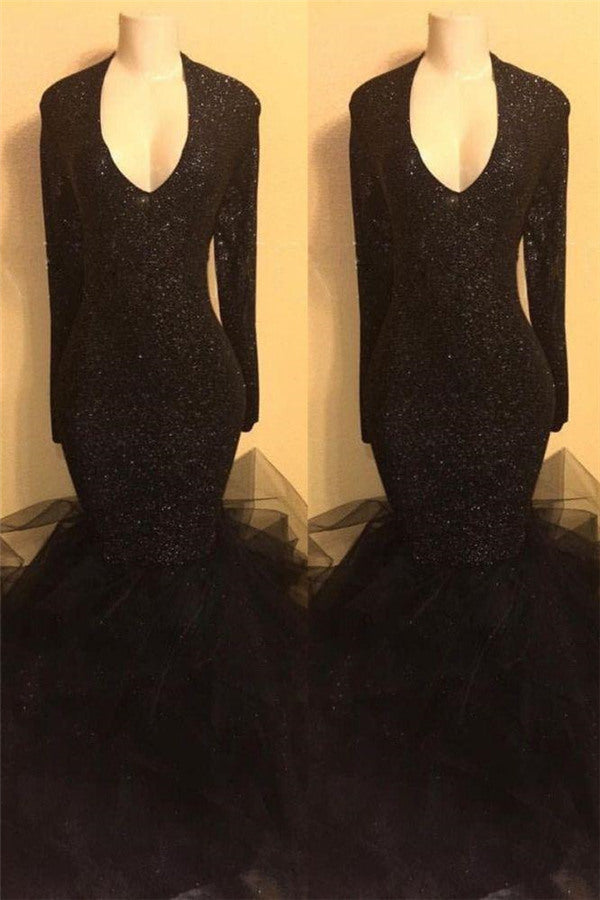 Chic black sequins prom dress, ruffles evening dress-Ballbella