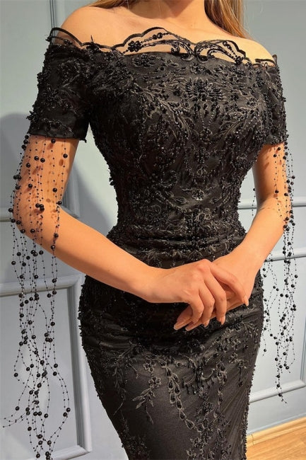 Chic Black Strapless Off the Shoulder Evening Prom Dresses-Ballbella