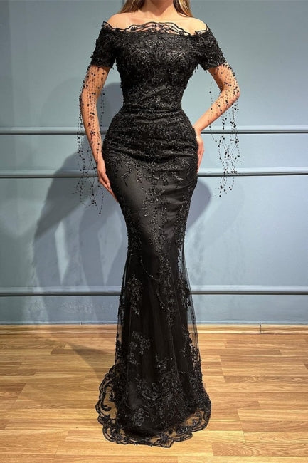 Chic Black Strapless Off the Shoulder Evening Prom Dresses-Ballbella