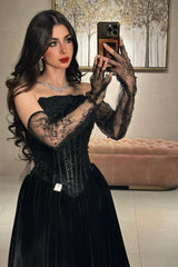 Chic Black Strapless Sleeves A-Line Velvet Prom Dresses Lace With Beads Pleats-Ballbella