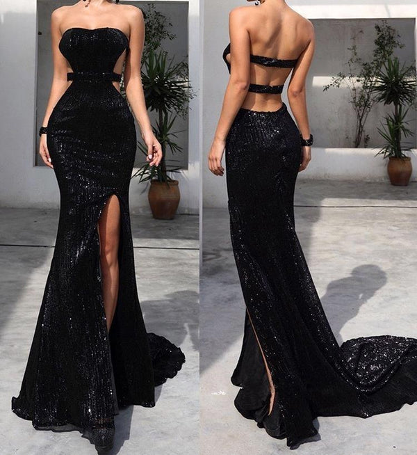 Ballbella offers new Chic Black Tube Top Sequins Floor Length Prom Dresses With Split White Open Back Party Gowns at cheap prices. It is a gorgeous Column Prom Dresses, Evening Dresses in Sequined,  which meets all your requirement.