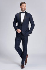 Chic Blue Dots Shawl Lapel Wedding Tuxedos Dark Navy Wedding Suits for Men-Ballbella