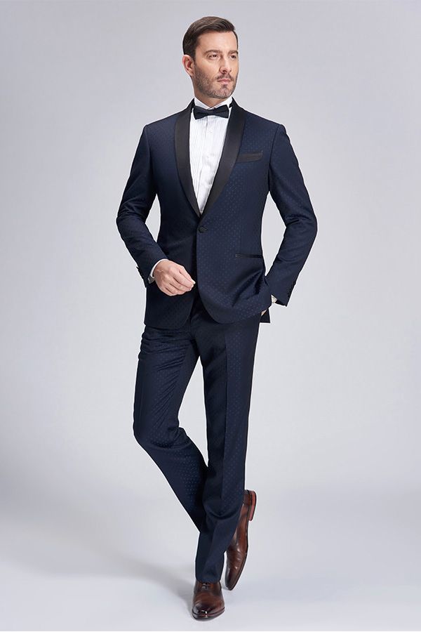 Chic Blue Dots Shawl Lapel Wedding Tuxedos Dark Navy Wedding Suits for Men-Ballbella