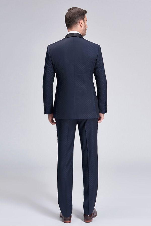 Chic Blue Dots Shawl Lapel Wedding Tuxedos Dark Navy Wedding Suits for Men-Ballbella