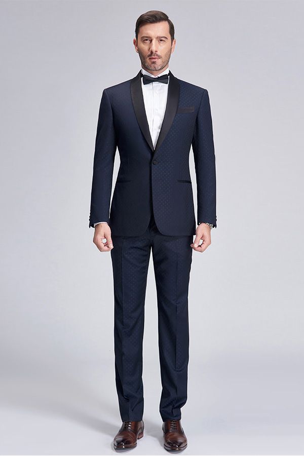 Chic Blue Dots Shawl Lapel Wedding Tuxedos Dark Navy Wedding Suits for Men-Ballbella