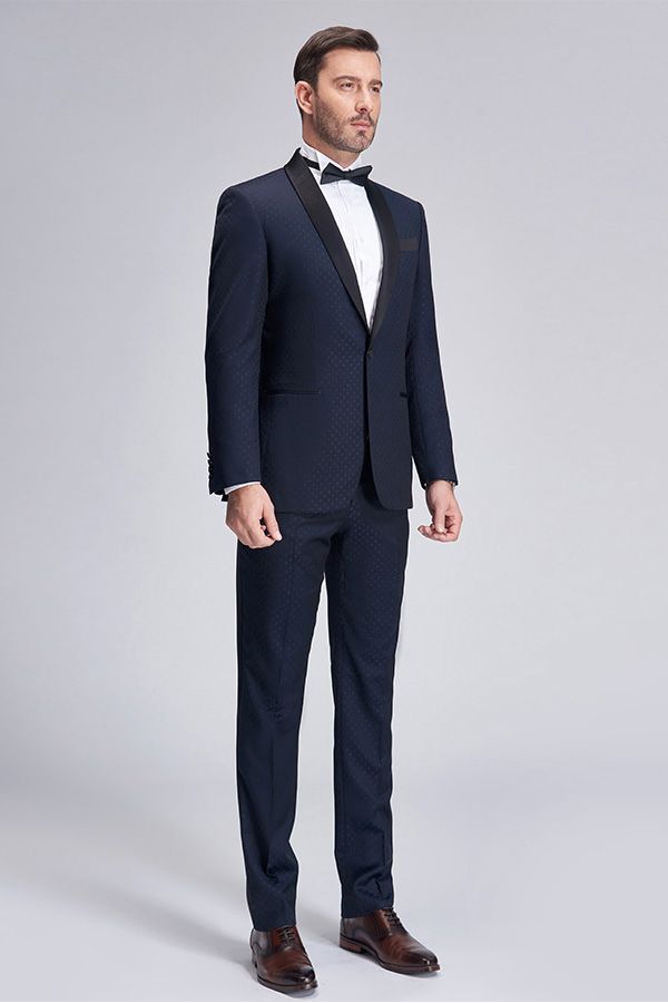 Chic Blue Dots Shawl Lapel Wedding Tuxedos Dark Navy Wedding Suits for Men-Ballbella