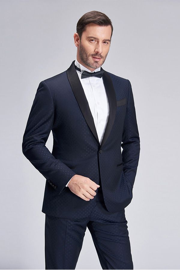 Chic Blue Dots Shawl Lapel Wedding Tuxedos Dark Navy Wedding Suits for Men-Ballbella