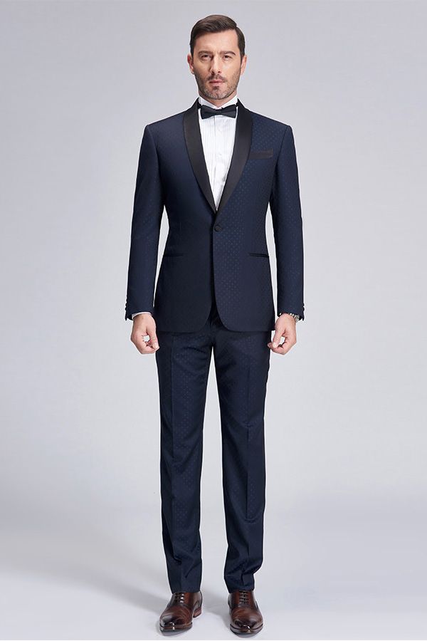 Chic  Blue Dots Shawl Lapel Wedding Tuxedos Dark Navy Wedding Suits for Men