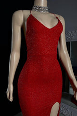 Chic Burgundy Halter V-Neck Sleeveless Mermaid Prom Dresses High Split With Criss-Cross Back-Ballbella