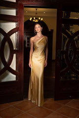 Chic Champagne Asymmetrical One Shoulder Satin Prom Dresses Backless Sleeveless With Flower-Ballbella