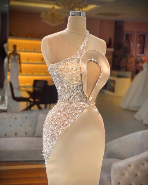 Chic Champagne Sleeveless Mermaid Prom Dresses Long Evening Gowns-Ballbella