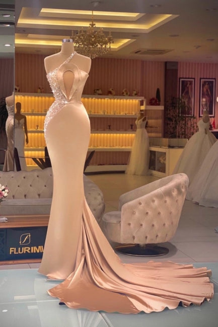 Chic Champagne Sleeveless Mermaid Prom Dresses Long Evening Gowns-Ballbella