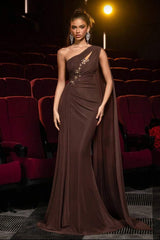 Chic Chocolate One Shoulder Sleeveless Satin Mermaid Prom Dress Sheath With Ruffle Flower-Ballbella
