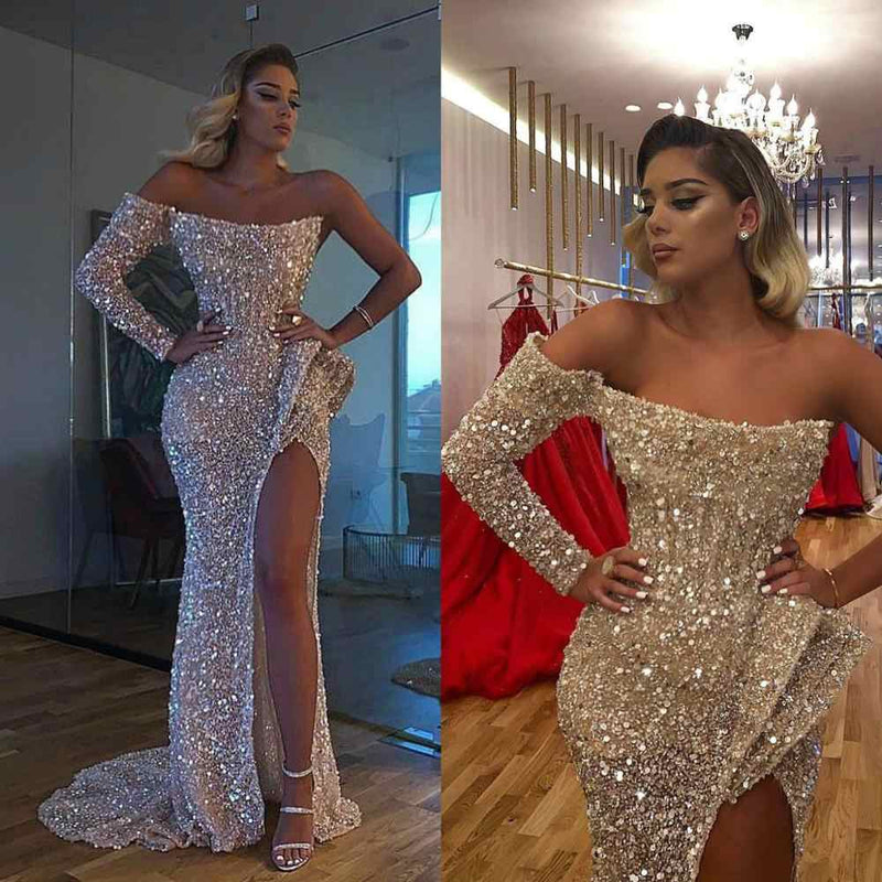 Looking for Prom Dresses, Evening Dresses in Sequined,  Mermaid style,  and Gorgeous work? Ballbella has all covered on this elegant Chic Crystal Beading One-shoulder Strapless Slit Mermaid Sequins Prom Gowns.