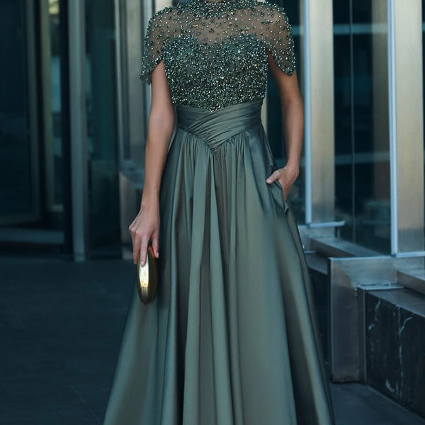 Chic Dark Green High Collar Satin A-Line Prom Dresses Short Sleeves Beading With Pleats Chic Dark Green High Collar Satin A-Line Prom Dresses Short Sleeves Beading With Pleats