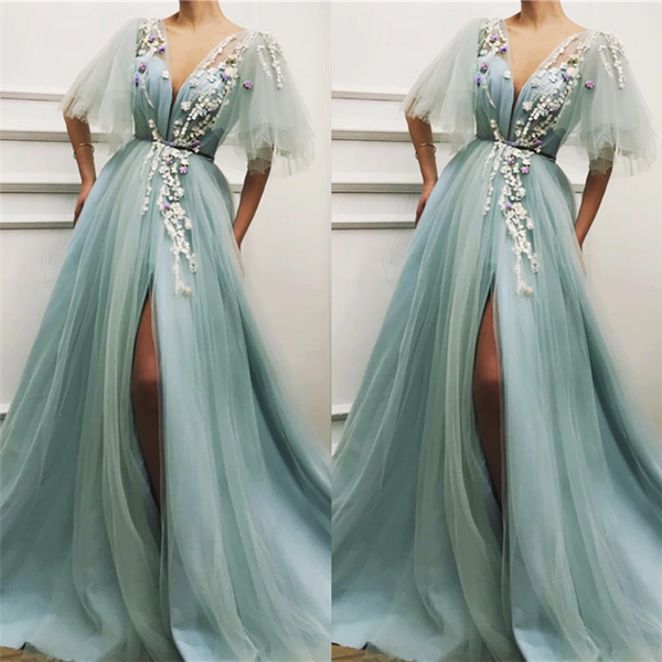 Easily attract others's attention with Ballbella cheap Deep V-neck Front Slit Prom Party Gowns| Short Sleeveless Tulle Appliques Long Prom Party Gowns,  all in latest design with delicate details.