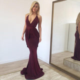Ballbella offers Chic Deep V-neck Grape Pleats Mermaid Long Evening Dress On Sale at a cheap price from Stretch Satin to Mermaid Floor-length hem. Gorgeous yet affordable  Prom Dresses.