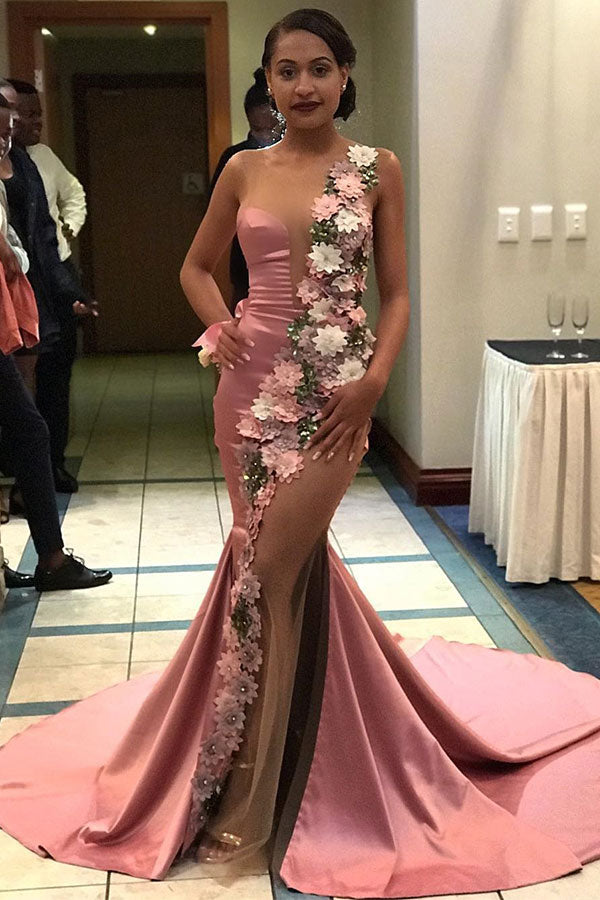 Ballbella offers Chic Deep V-neck Pink One shoulder Dusty See-through Pink Prom Dresses with Floral Appliques On Sale at an affordable price from Stretch Satin to Mermaid Floor-length skirts. Shop for gorgeous Sleeveless Prom Dresses collections for special events.