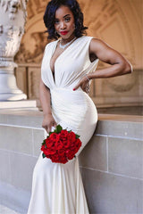 Chic Deep V-Neck Sleeveless Straps Mermaid Floor-Length Prom Dresses-Ballbella