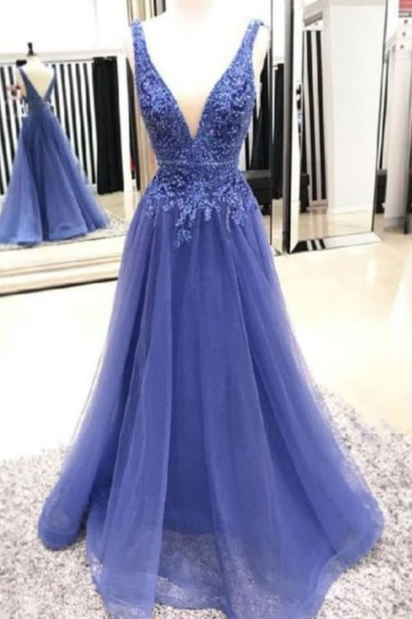 Find your dream Deep V-neck Straps Long Prom Party Gowns| Exquisite Lace Beading Prom Gown at Ballbella,  30 colors &all sizes available,  free delivery worldwide.