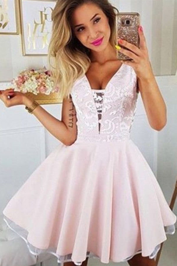 Shop your Chic Deep V-neck White Appliques Homecoming Dress Sleeveless Short Pink Homecoming Dress at Ballbella today,  extra free coupons available,  you will never wanna miss it.
